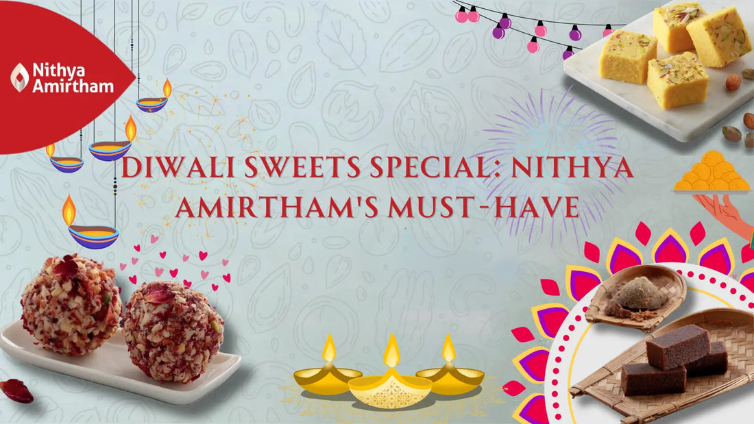 Diwali sweets from Nithya Amirtham – A platter with laddus, Mysore Pak, and festive treats.