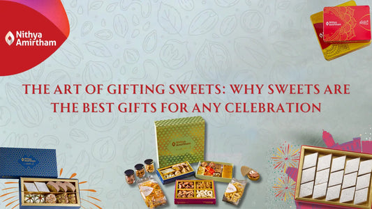 A beautifully arranged gift box of Indian sweets from Nithya Amirtham, perfect for celebrations and festivals